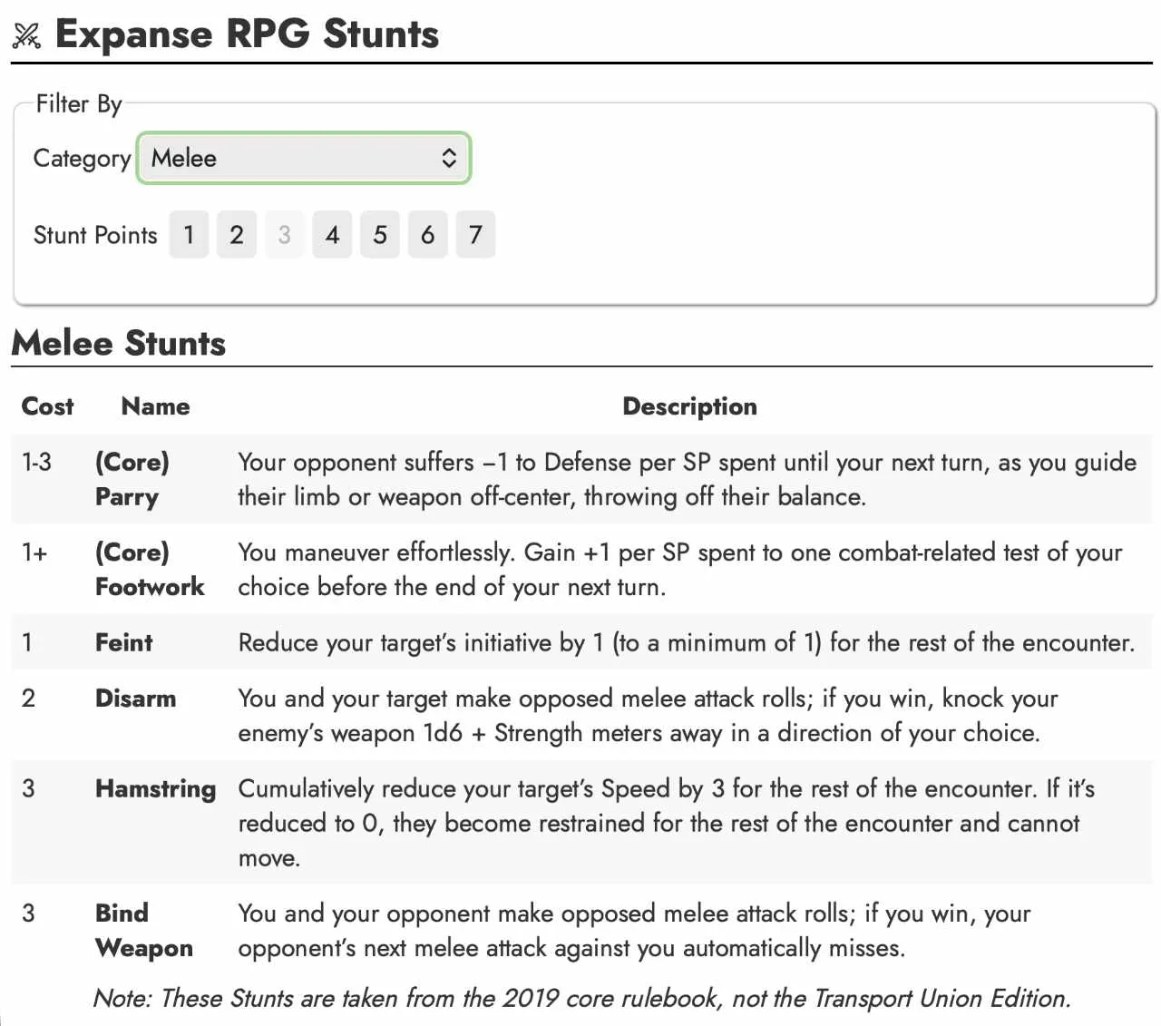 Expanse Stunt List